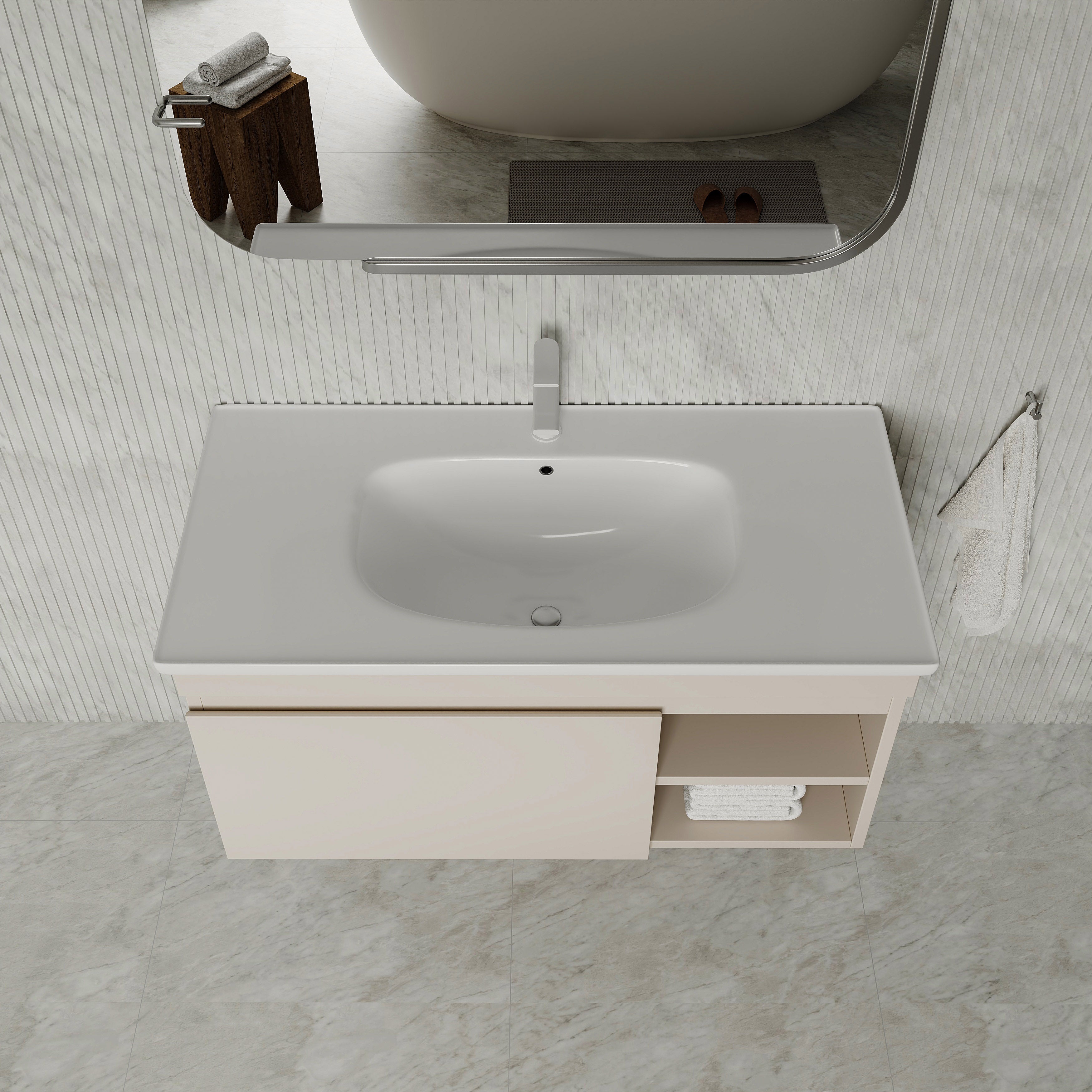 Sicilia Matt Warm White 1000mm Bathroom Vanity Unit with Ceramic Basin, drawer and open shelf