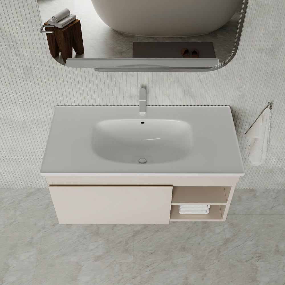 Sicilia Matt Warm White 1000mm Bathroom Vanity Unit with Ceramic Basin, drawer and open shelf