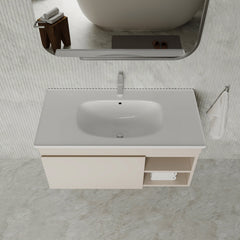 Sicilia Matt Warm White 1000mm Bathroom Vanity Unit with Ceramic Basin, drawer and open shelf