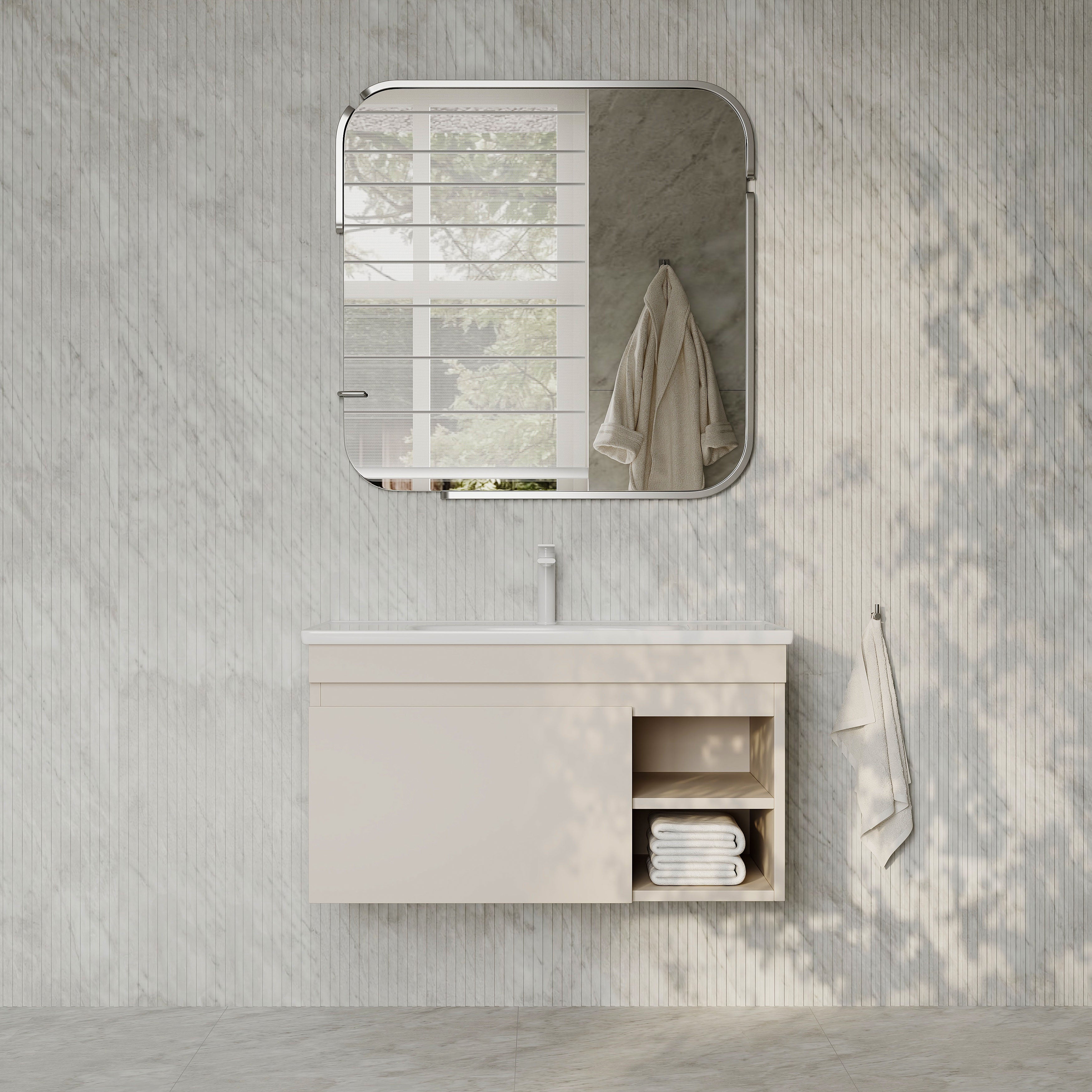 Sicilia 900mm matt warm white vanity unit with integrated ceramic basin, drawer and open shelf