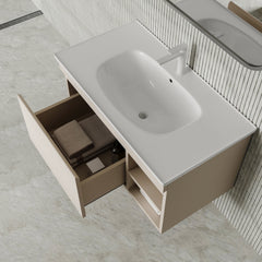 Sicilia 900mm matt warm white vanity unit with integrated ceramic basin, drawer and open shelf