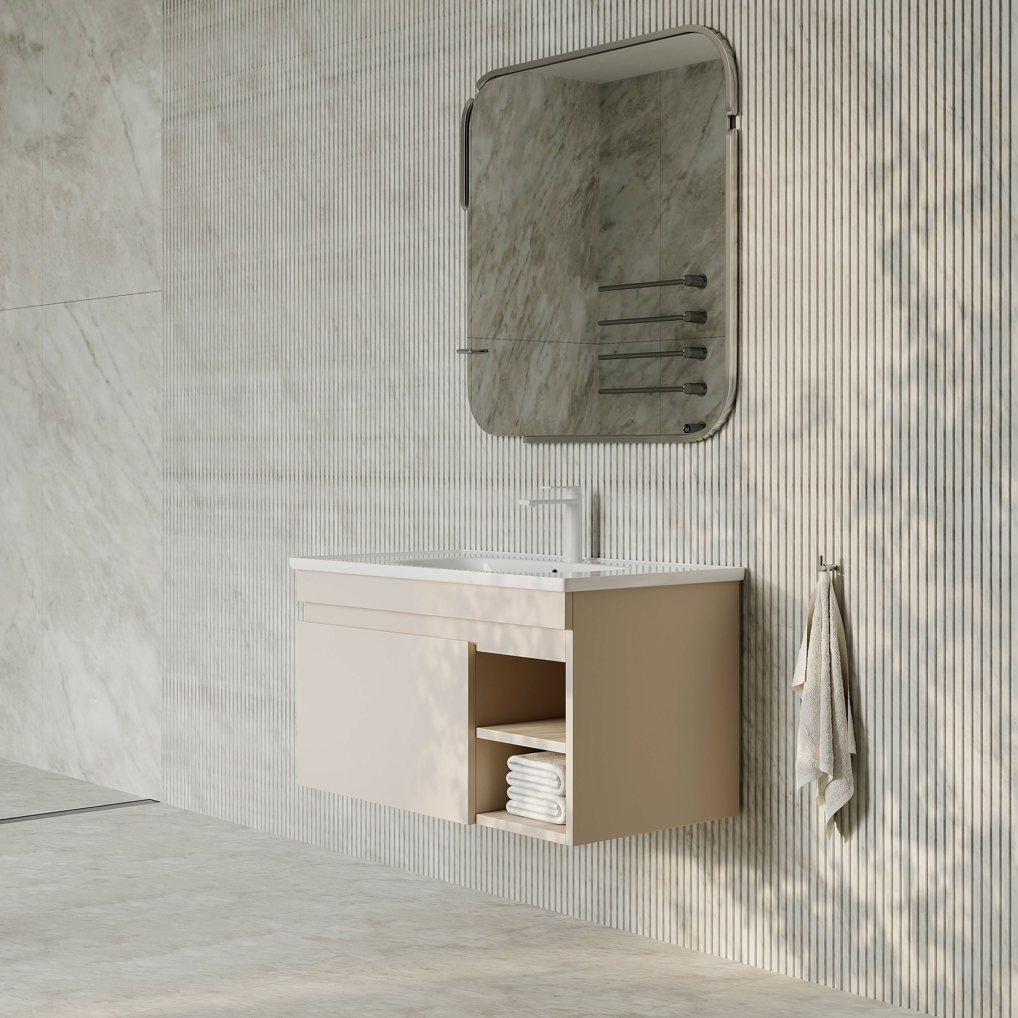 Sicilia 900mm matt warm white vanity unit with integrated ceramic basin, drawer and open shelf