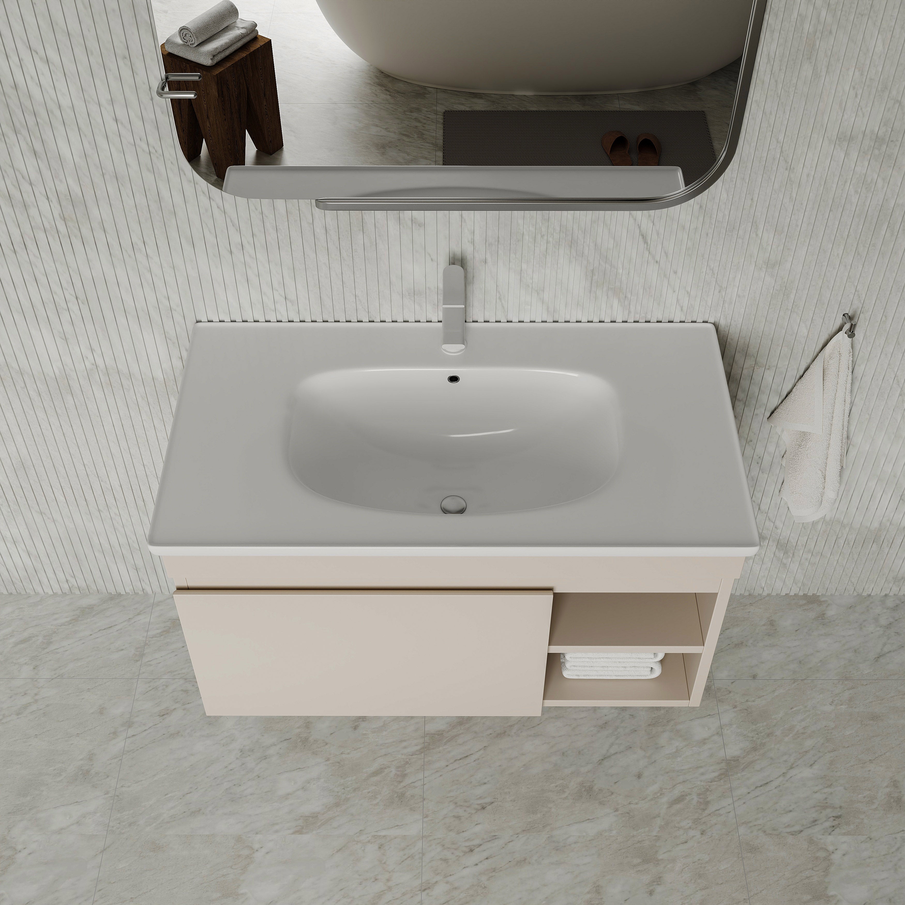 Sicilia 900mm matt warm white vanity unit with integrated ceramic basin, drawer and open shelf