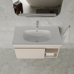 Sicilia 900mm matt warm white vanity unit with integrated ceramic basin, drawer and open shelf