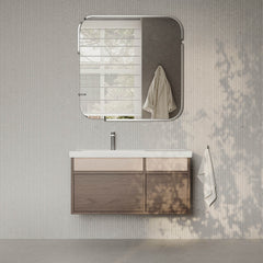 Stanley walnut wall-mounted vanity unit with ceramic basin 1000mm, modern minimalist bathroom cabinet with soft-close drawers