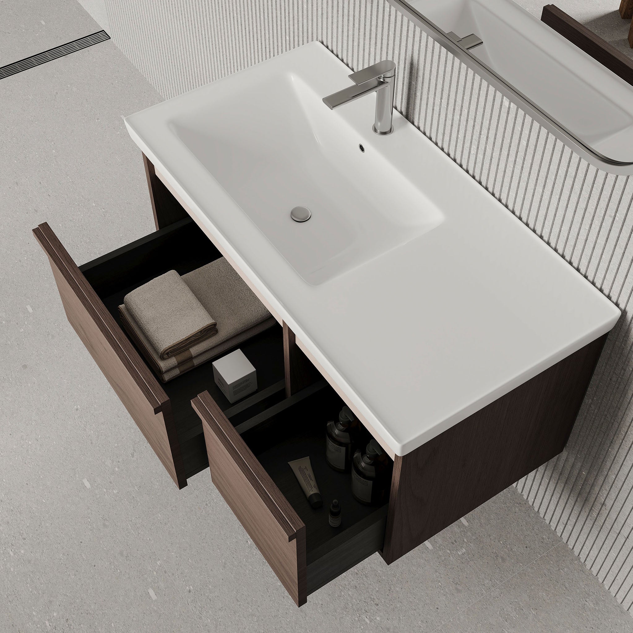 Stanley walnut wall-mounted vanity unit with ceramic basin 1000mm, modern minimalist bathroom cabinet with soft-close drawers