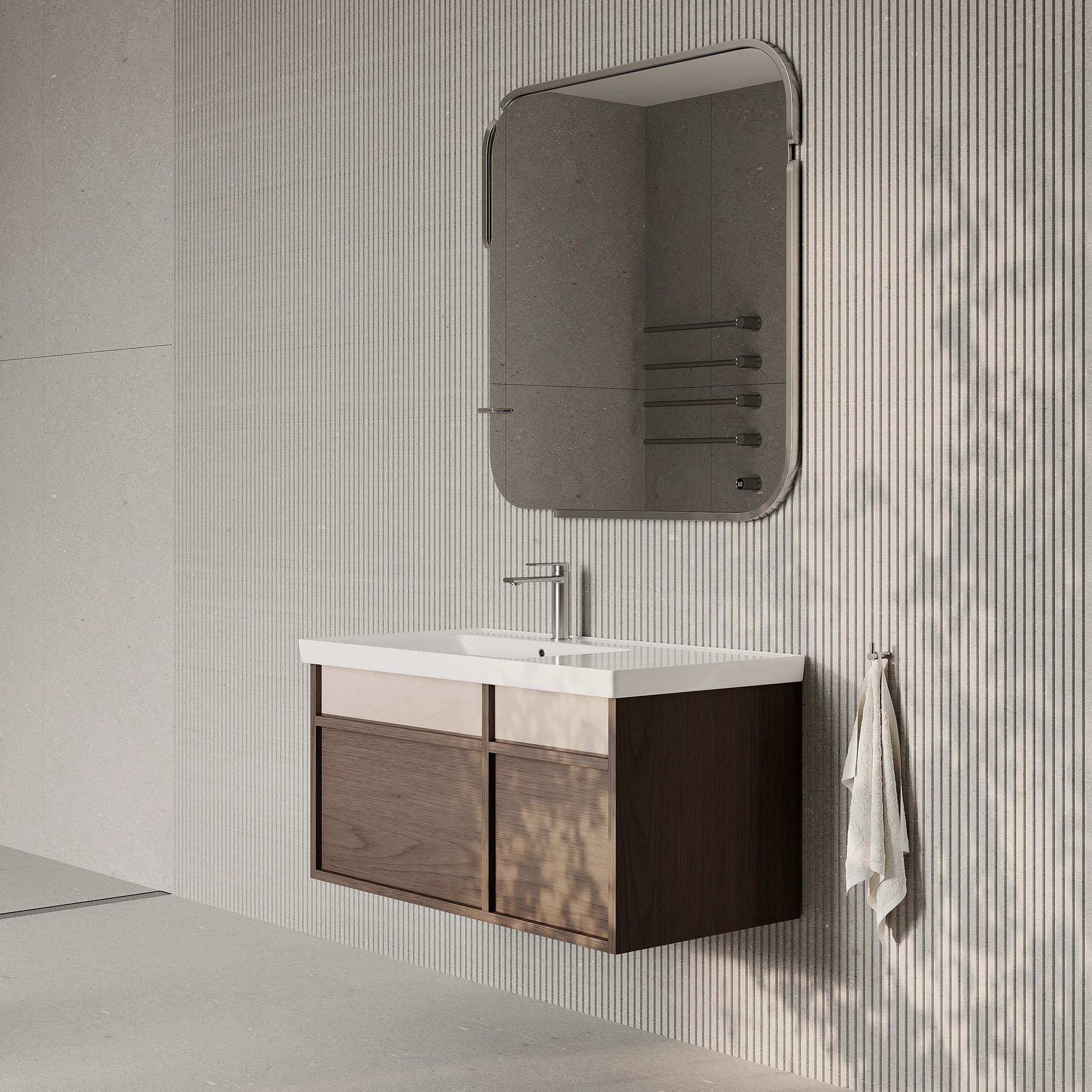 Stanley walnut wall-mounted vanity unit with ceramic basin 1000mm, modern minimalist bathroom cabinet with soft-close drawers