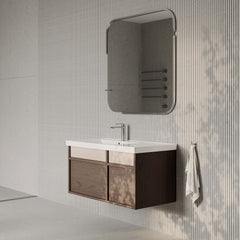 Stanley walnut wall-mounted vanity unit with ceramic basin 1000mm, modern minimalist bathroom cabinet with soft-close drawers