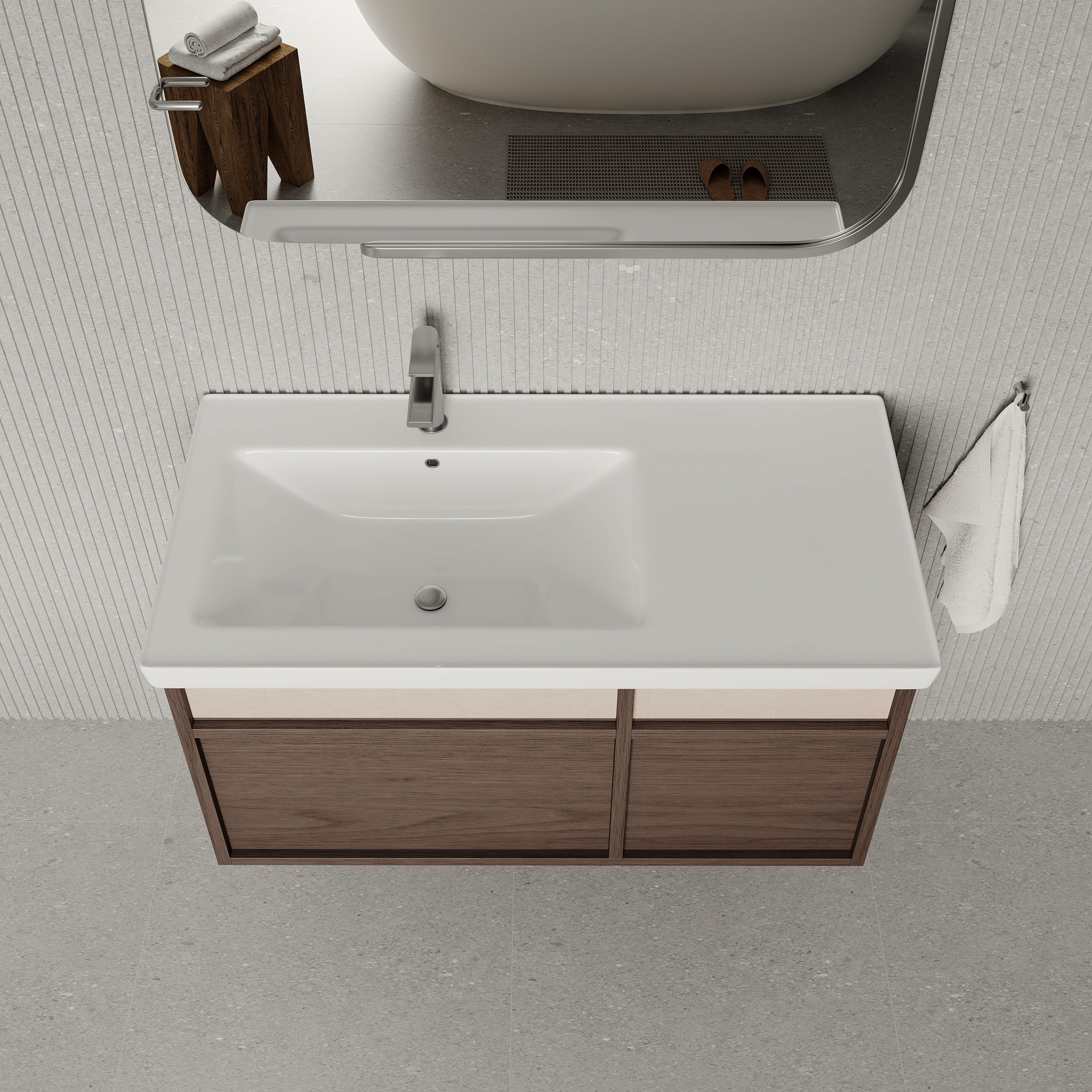 Stanley walnut wall-mounted vanity unit with ceramic basin 1000mm, modern minimalist bathroom cabinet with soft-close drawers