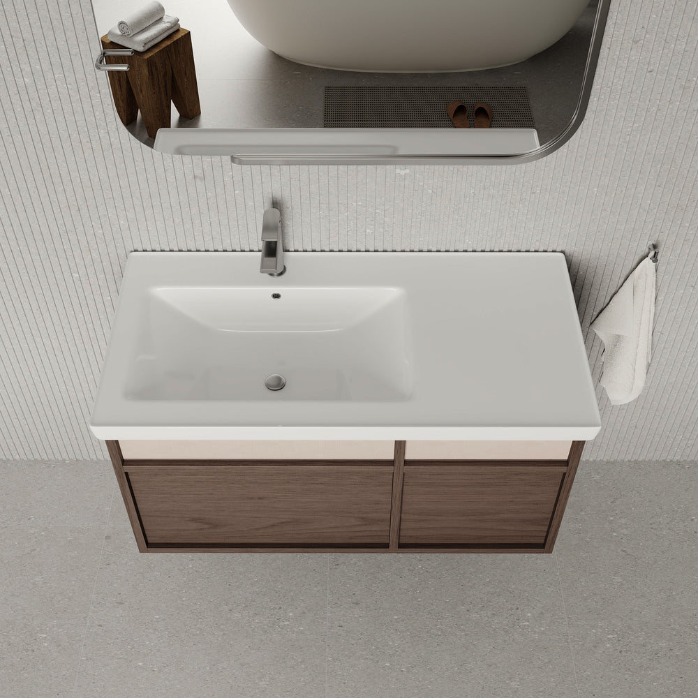 Stanley walnut wall-mounted vanity unit with ceramic basin 1000mm, modern minimalist bathroom cabinet with soft-close drawers