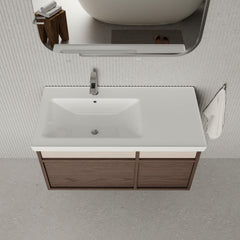 Stanley walnut wall-mounted vanity unit with ceramic basin 1000mm, modern minimalist bathroom cabinet with soft-close drawers