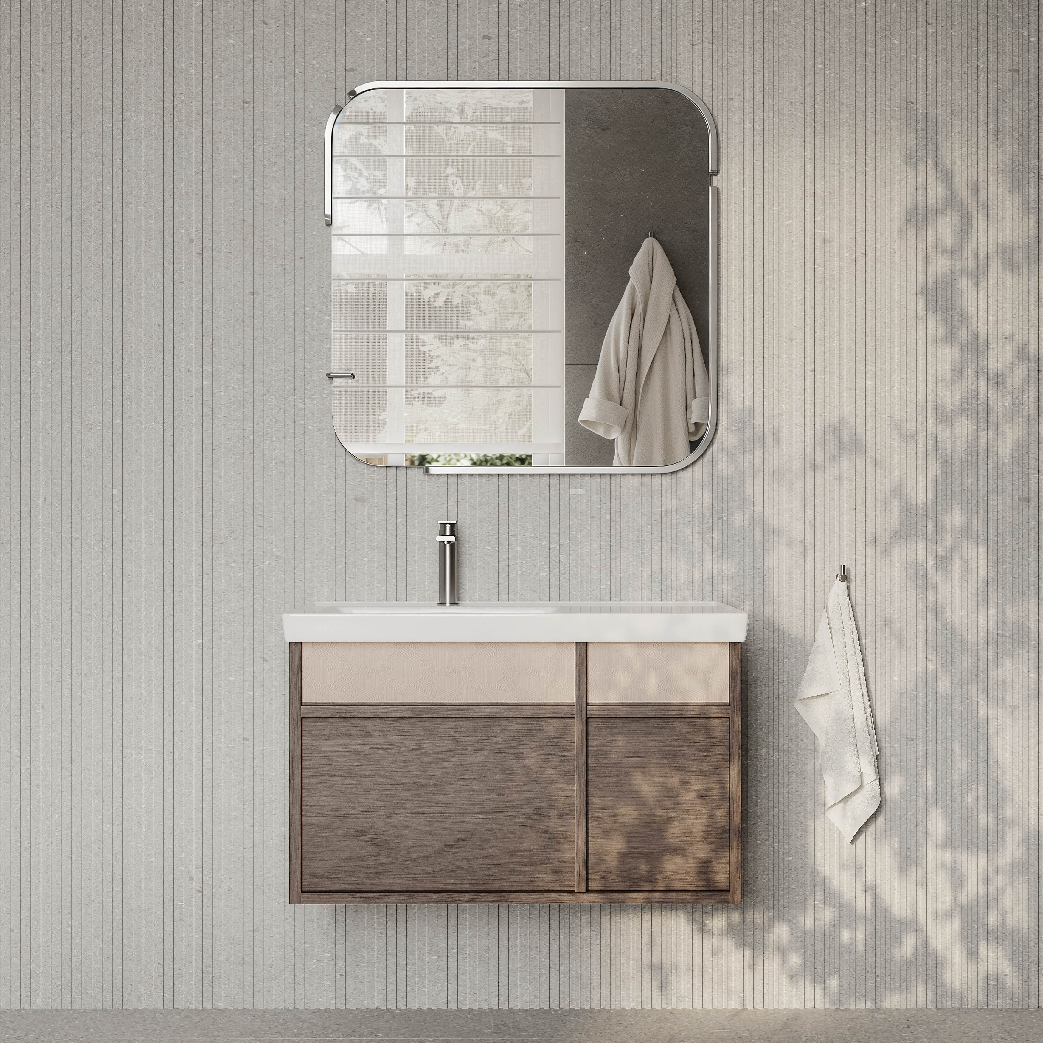 Stanley walnut wall-mounted vanity unit with ceramic basin 800mm, modern minimalist bathroom cabinet with soft-close drawers