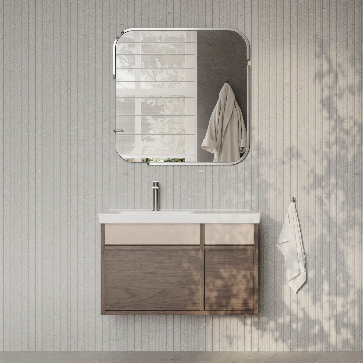 Stanley walnut wall-mounted vanity unit with ceramic basin 800mm, modern minimalist bathroom cabinet with soft-close drawers