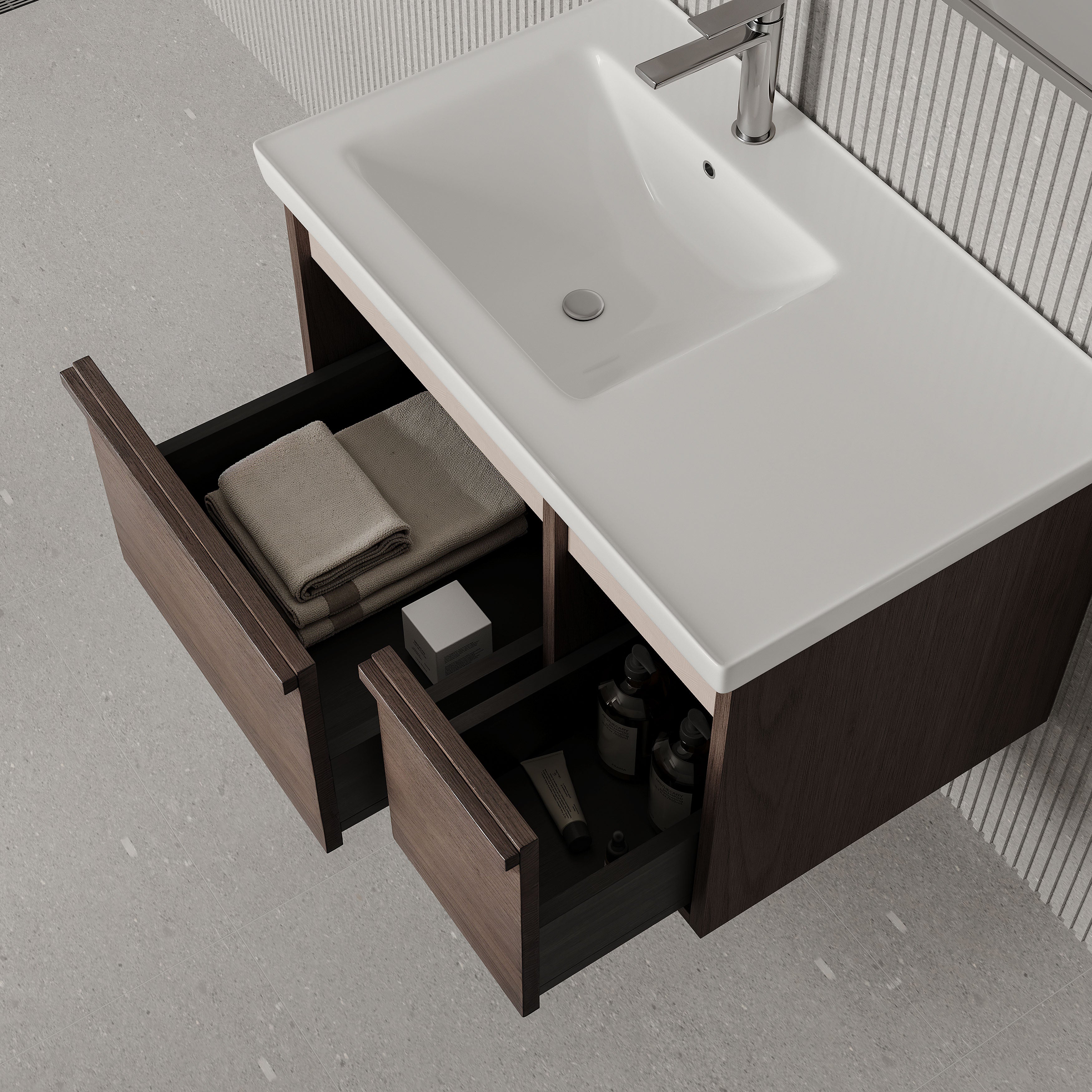 Stanley walnut wall-mounted vanity unit with ceramic basin 800mm, modern minimalist bathroom cabinet with soft-close drawers