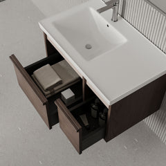 Stanley walnut wall-mounted vanity unit with ceramic basin 800mm, modern minimalist bathroom cabinet with soft-close drawers