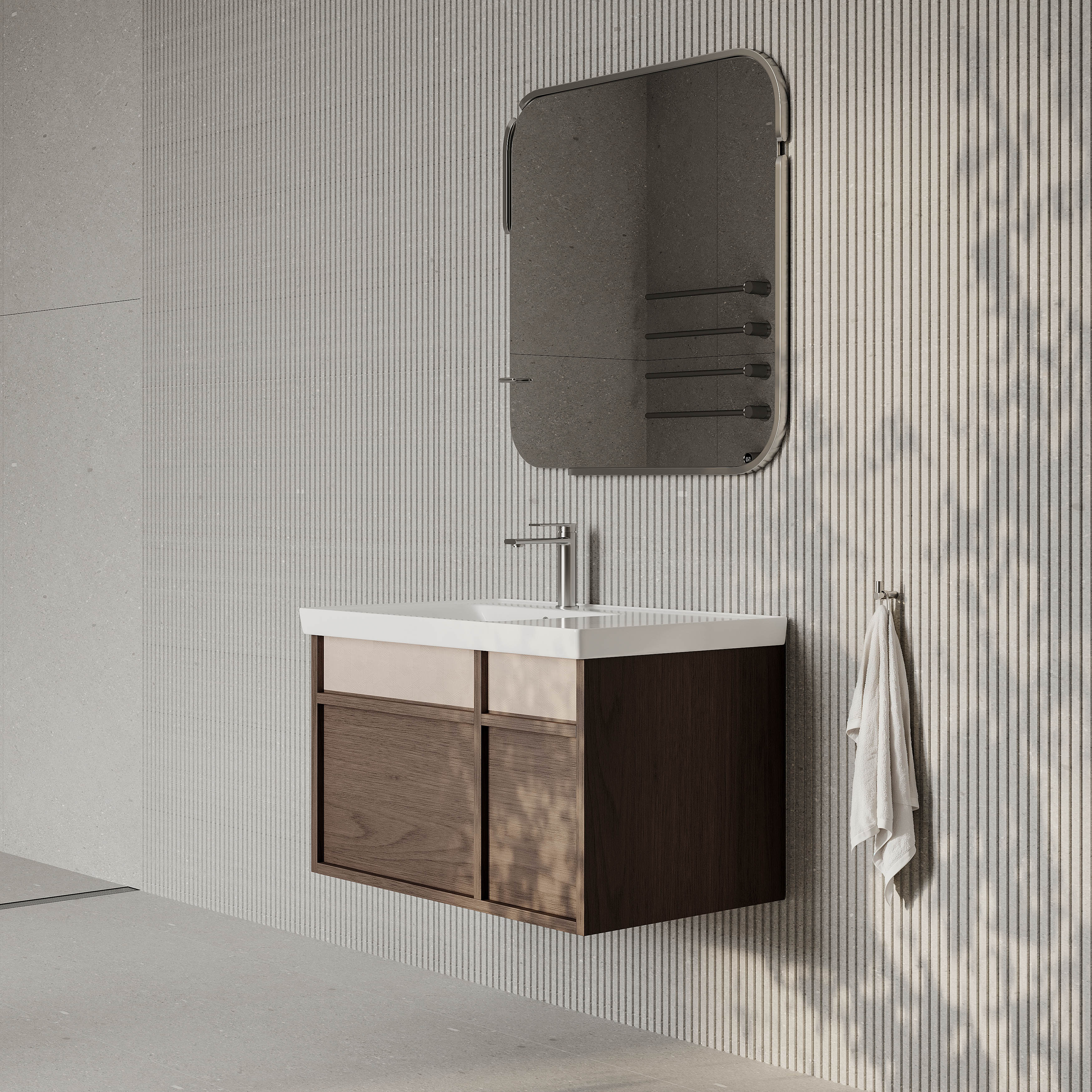Stanley walnut wall-mounted vanity unit with ceramic basin 800mm, modern minimalist bathroom cabinet with soft-close drawers