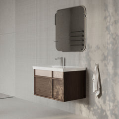 Stanley walnut wall-mounted vanity unit with ceramic basin 800mm, modern minimalist bathroom cabinet with soft-close drawers