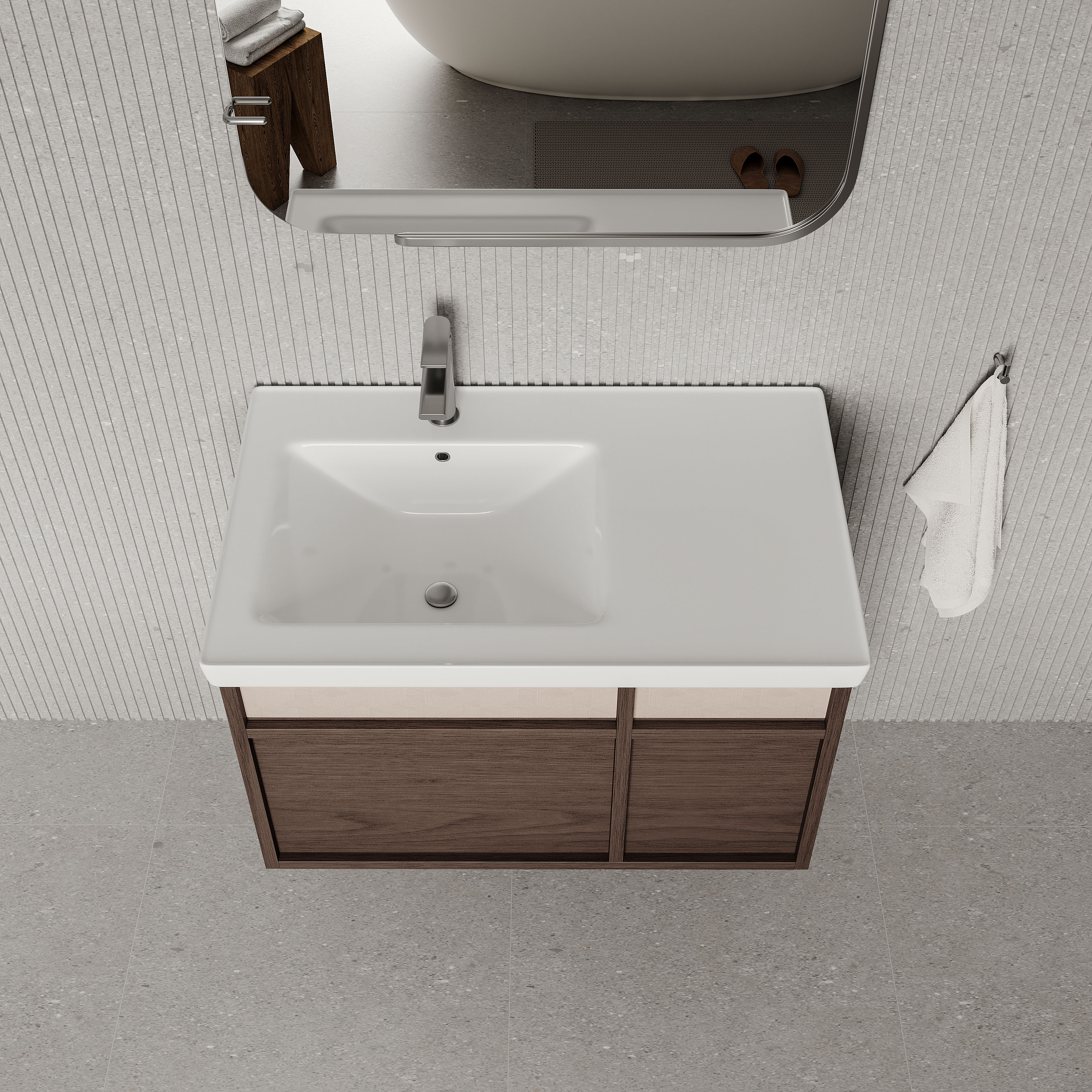 Stanley walnut wall-mounted vanity unit with ceramic basin 800mm, modern minimalist bathroom cabinet with soft-close drawers