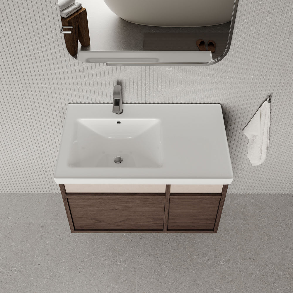 Stanley walnut wall-mounted vanity unit with ceramic basin 800mm, modern minimalist bathroom cabinet with soft-close drawers