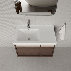 Stanley walnut wall-mounted vanity unit with ceramic basin 800mm, modern minimalist bathroom cabinet with soft-close drawers