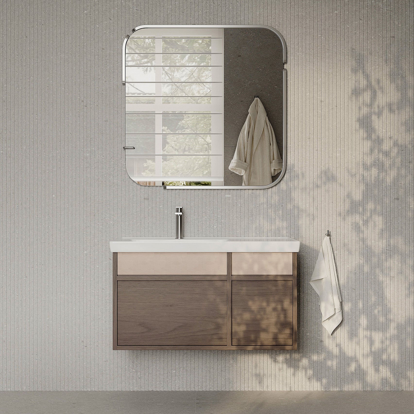 Stanley walnut wall-mounted vanity unit with ceramic basin 900mm, modern minimalist bathroom cabinet with soft-close drawers