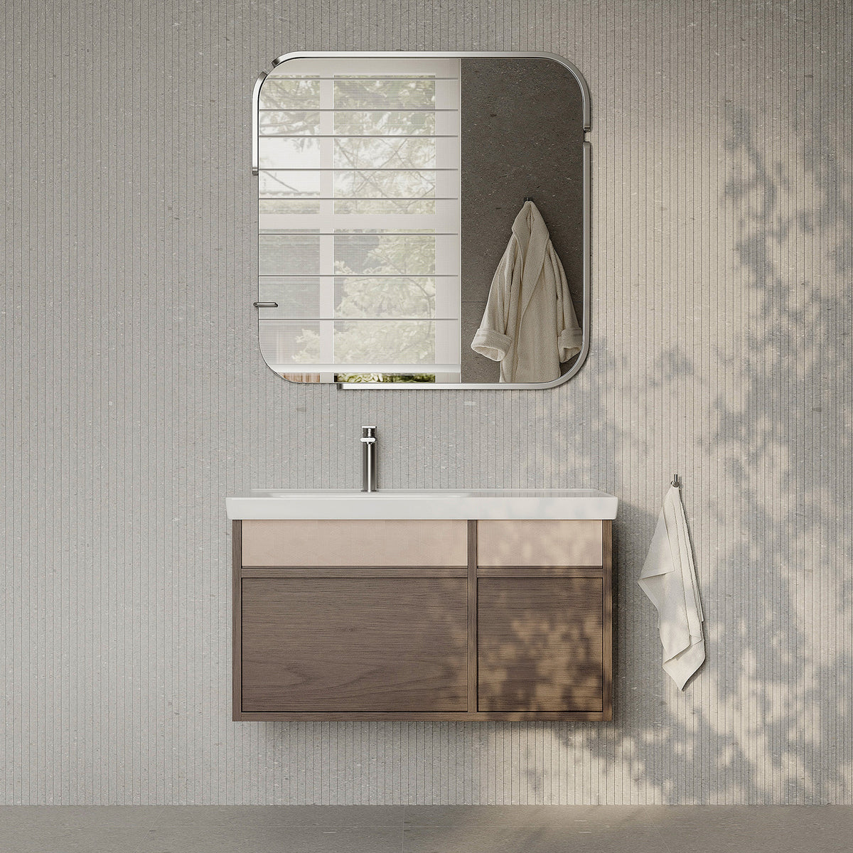 Stanley walnut wall-mounted vanity unit with ceramic basin 900mm, modern minimalist bathroom cabinet with soft-close drawers