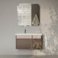 Stanley walnut wall-mounted vanity unit with ceramic basin 900mm, modern minimalist bathroom cabinet with soft-close drawers
