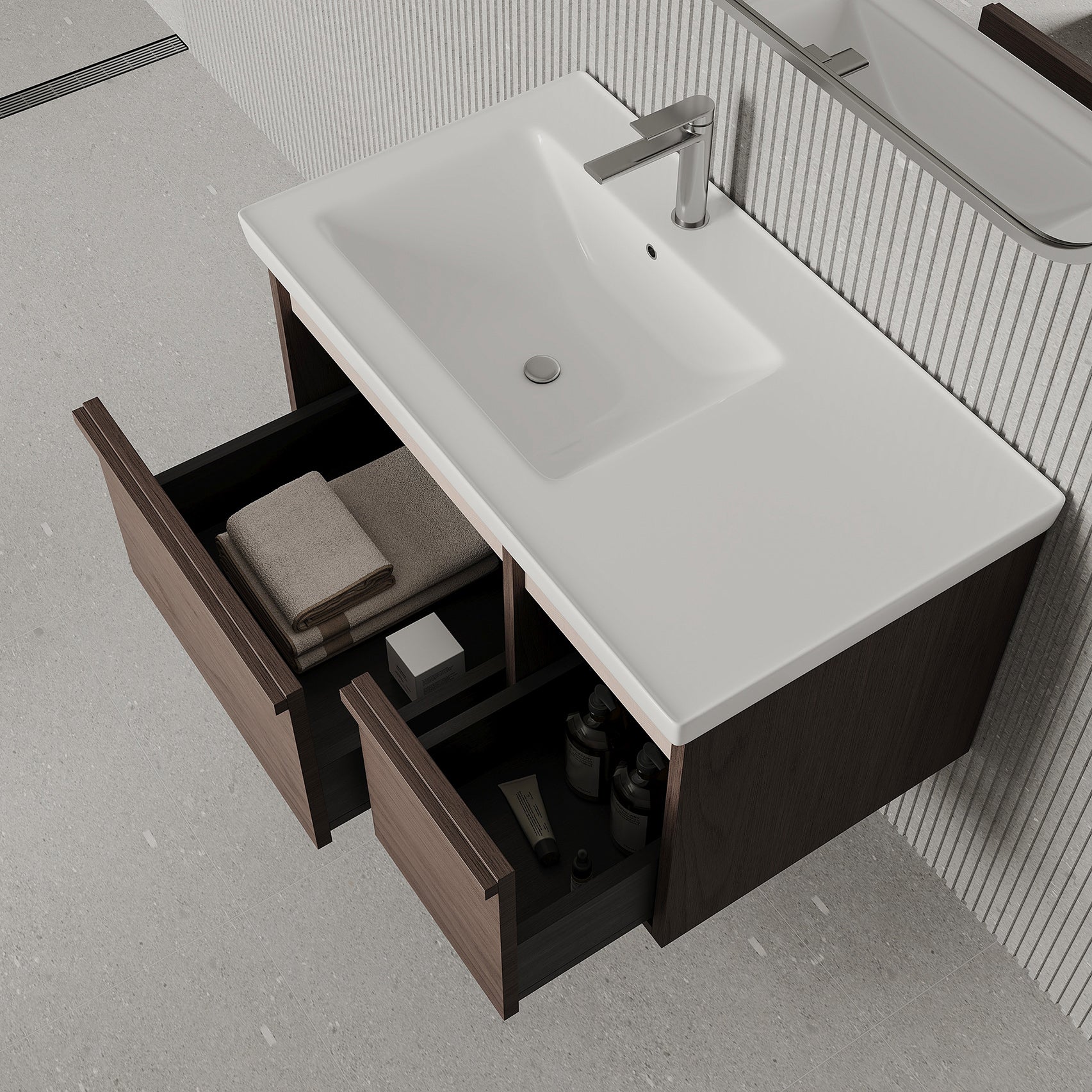 Stanley walnut wall-mounted vanity unit with ceramic basin 900mm, modern minimalist bathroom cabinet with soft-close drawers