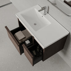Stanley walnut wall-mounted vanity unit with ceramic basin 900mm, modern minimalist bathroom cabinet with soft-close drawers