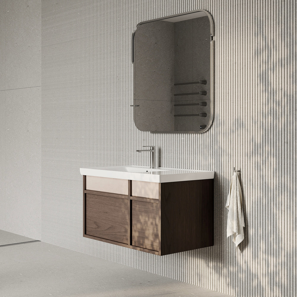 Stanley walnut wall-mounted vanity unit with ceramic basin 900mm, modern minimalist bathroom cabinet with soft-close drawers