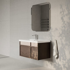 Stanley walnut wall-mounted vanity unit with ceramic basin 900mm, modern minimalist bathroom cabinet with soft-close drawers