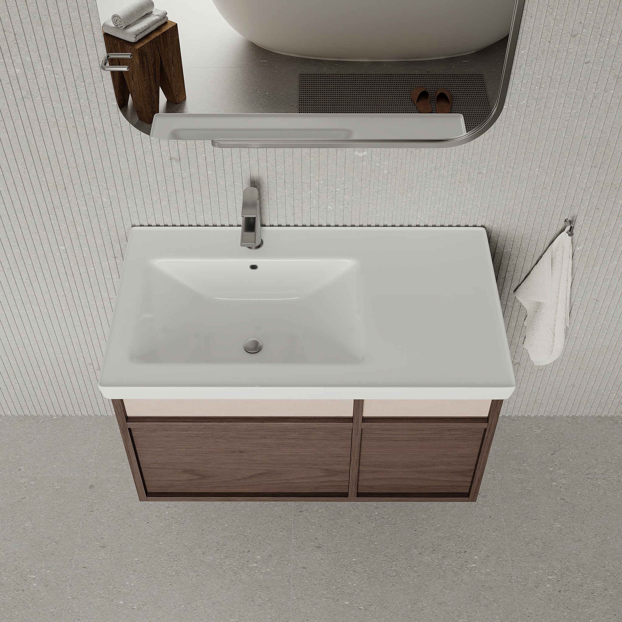 Stanley walnut wall-mounted vanity unit with ceramic basin 900mm, modern minimalist bathroom cabinet with soft-close drawers