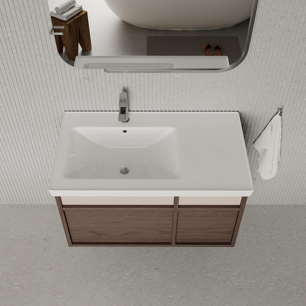 Stanley walnut wall-mounted vanity unit with ceramic basin 900mm, modern minimalist bathroom cabinet with soft-close drawers