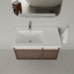 Stanley walnut wall-mounted vanity unit with ceramic basin 900mm, modern minimalist bathroom cabinet with soft-close drawers